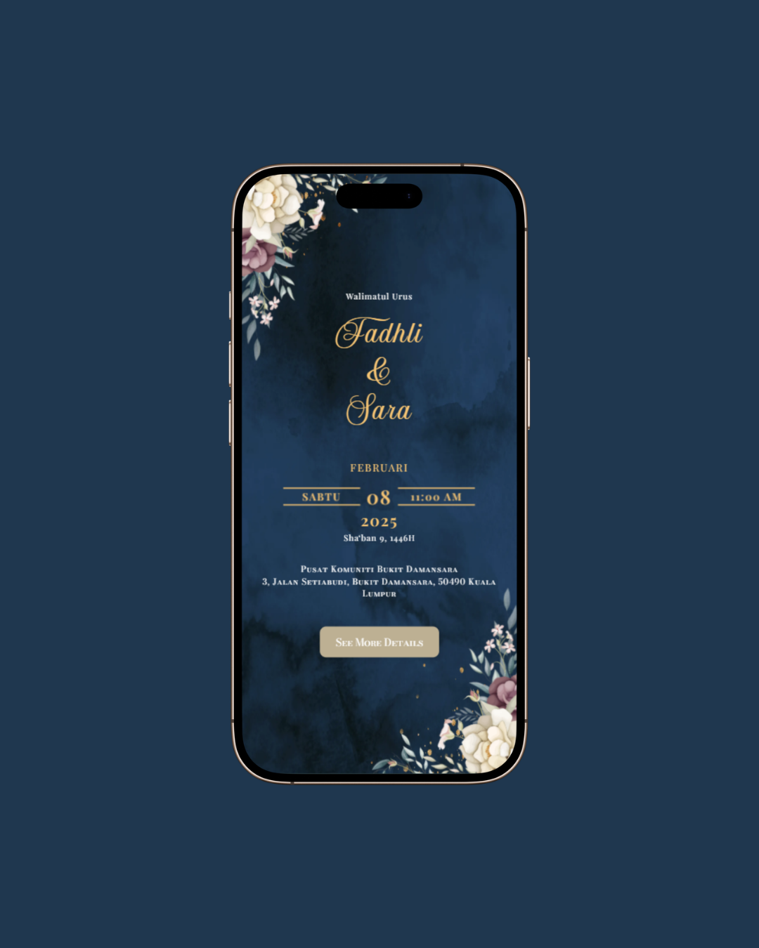 Midnight Fleur — design kad kahwin digital floral navy mewah